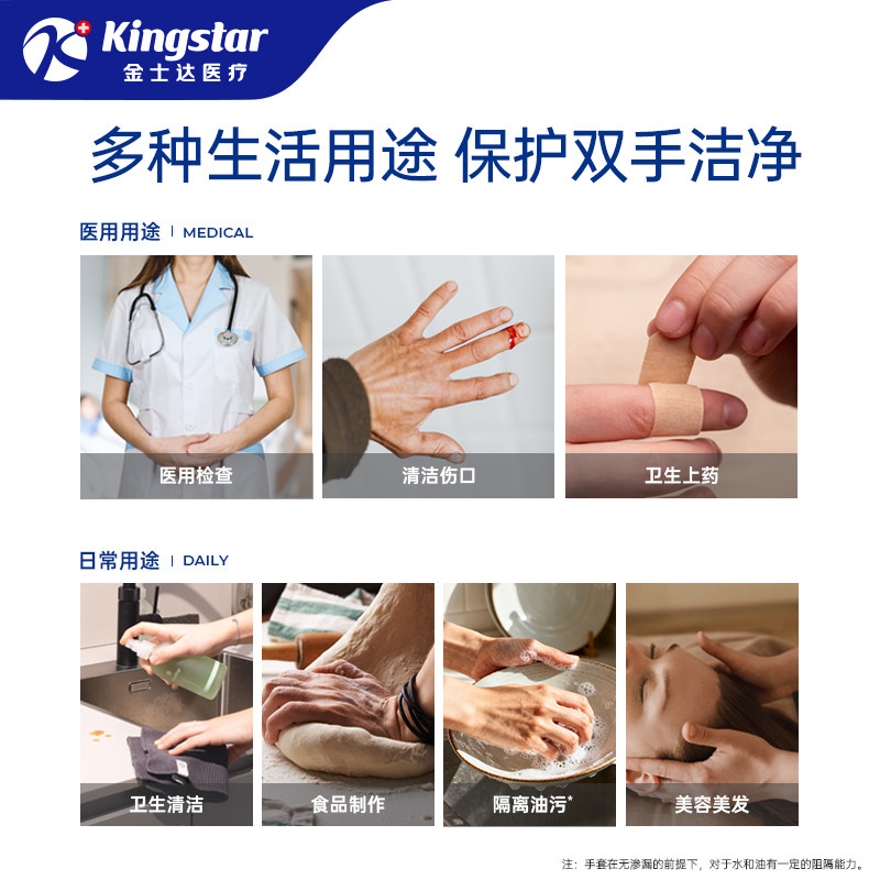 金士达医用薄膜手套食品级一次性无粉无味防水防油透明加厚