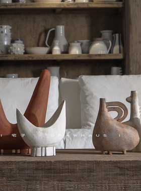 侘寂风手工几何抽象莫兰迪陶瓷花器复古样板间东方美学客厅装饰品