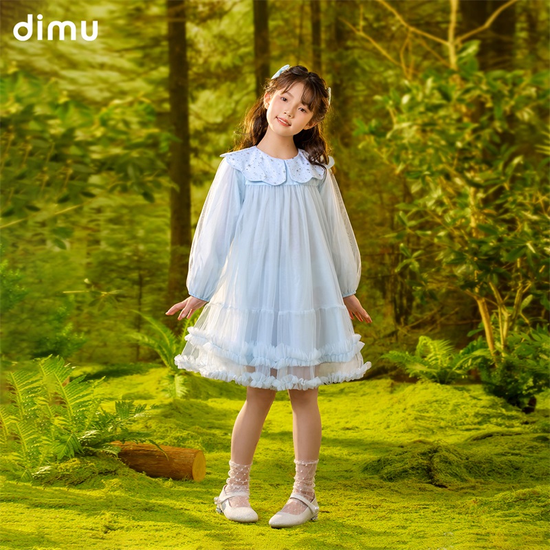 笛牧女童连衣裙2024秋装新款洋气时髦木耳边蓬蓬裙儿童网纱公主裙