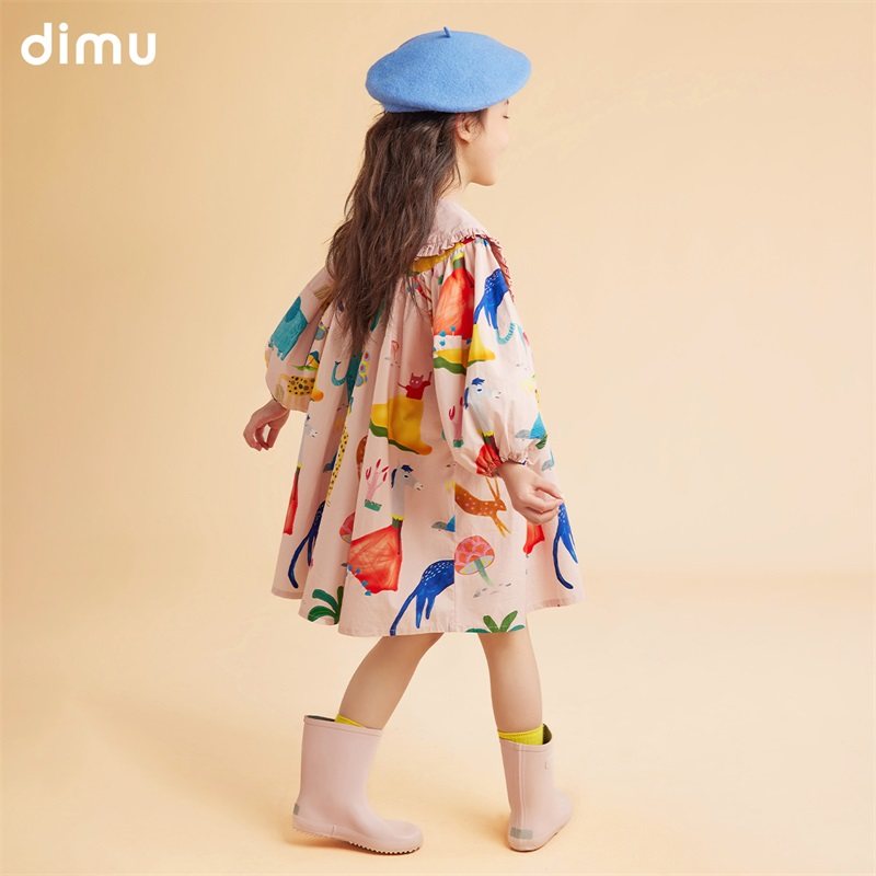 dimu笛牧 全棉 洋气可爱木耳边 女童涂鸦灯笼长袖棉布裙 天猫优惠券折后￥108包邮（￥194-86）100~160码可选