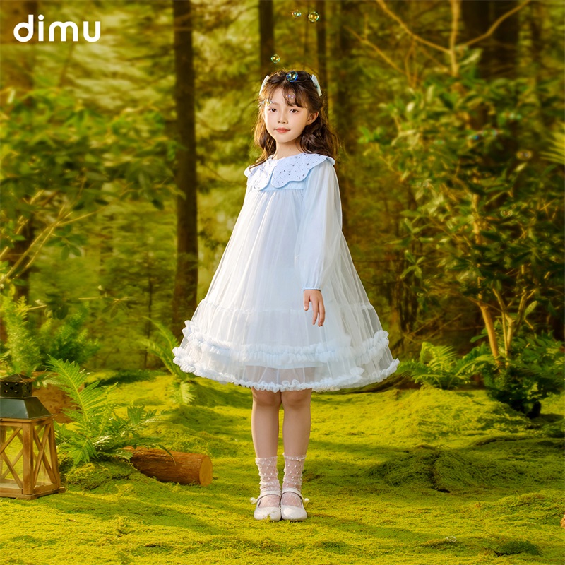 笛牧女童连衣裙2024秋装新款洋气时髦木耳边蓬蓬裙儿童网纱公主裙