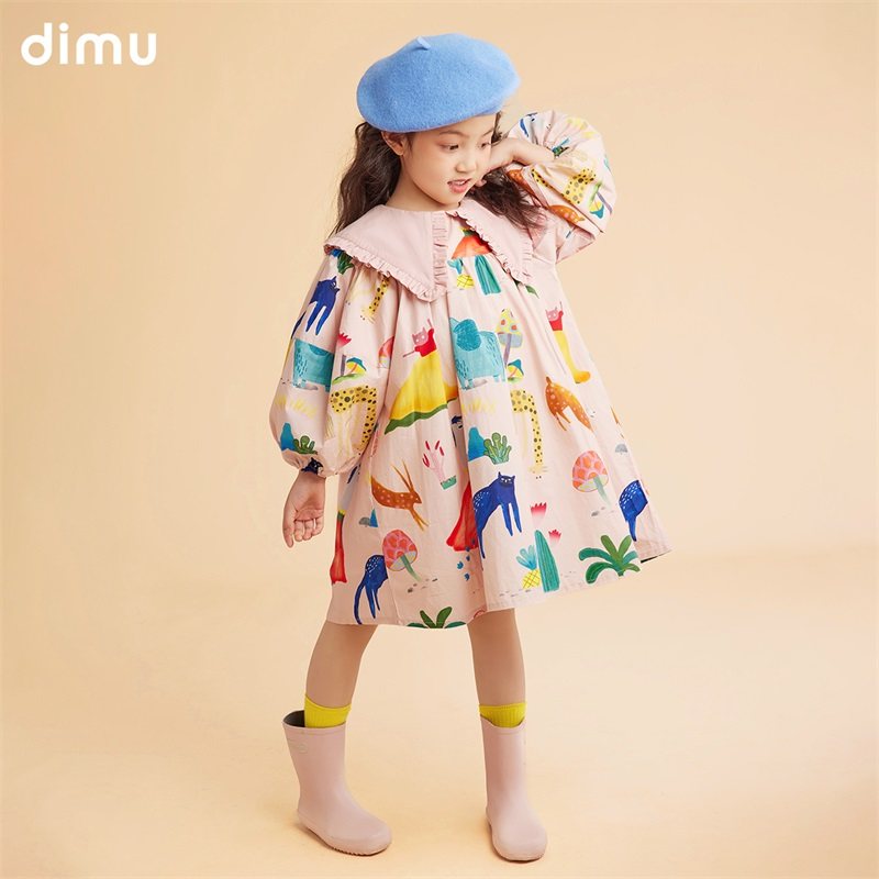 dimu笛牧 全棉 洋气可爱木耳边 女童涂鸦灯笼长袖棉布裙 天猫优惠券折后￥108包邮（￥194-86）100~160码可选
