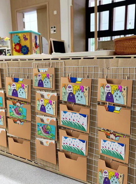 幼儿园阅读美工区环创材料墙面教室装饰作品牛皮纸收纳盒展示故事