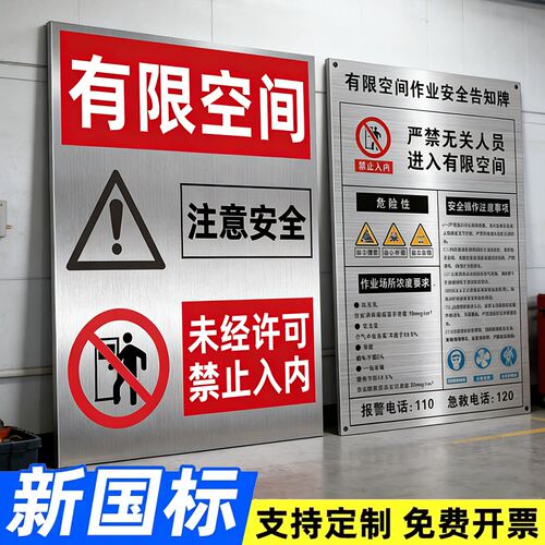 有限空间警示标识牌不锈钢作业风险安全告知牌定制金属铭牌受限空间警示牌禁止入内危险警告标志牌定制铝板 - 图0