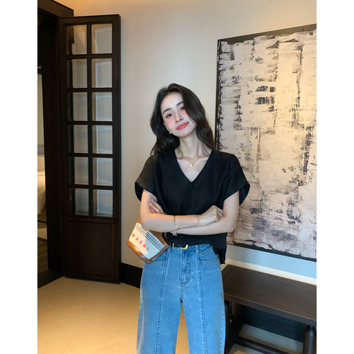 pusumede 轻薄纸感 1OO亚麻折边袖衬衫女极简v领小衫宽松短袖上衣 - 图0