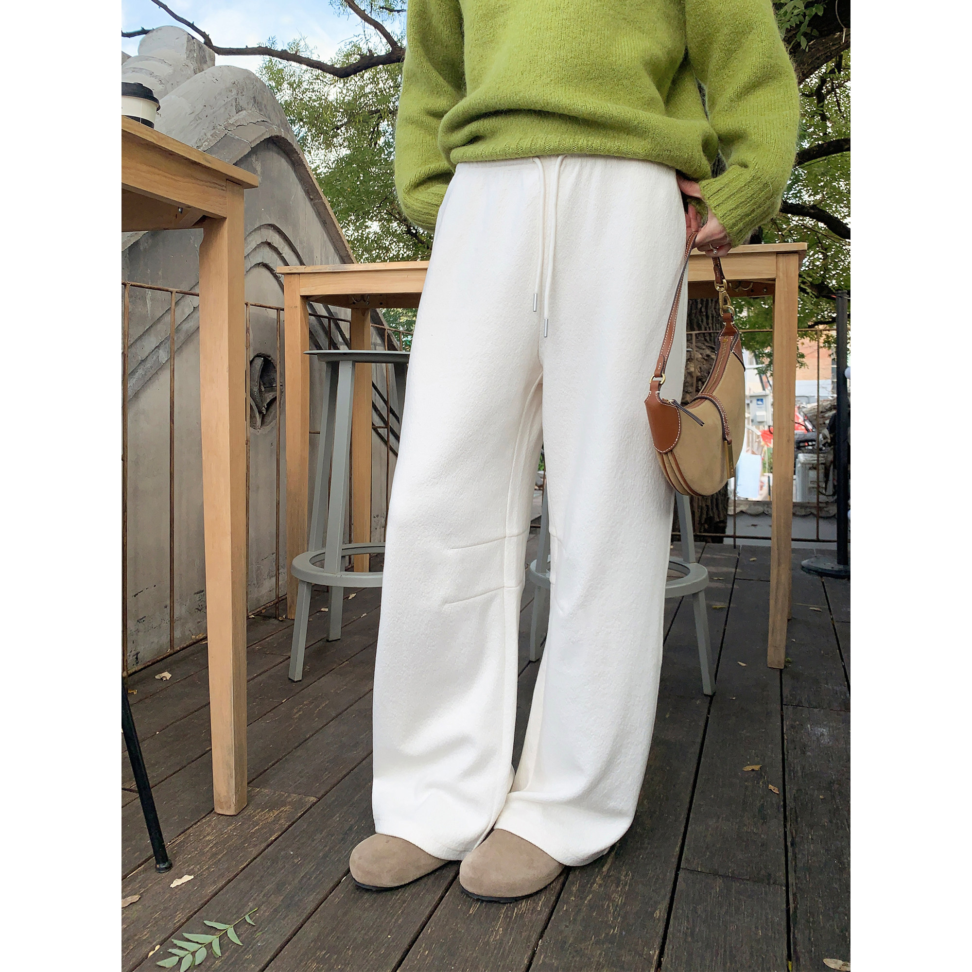 pusumede 通勤feel 高腰弯刀宽松阔腿卫裤女松紧腰直筒休闲长裤 - 图2