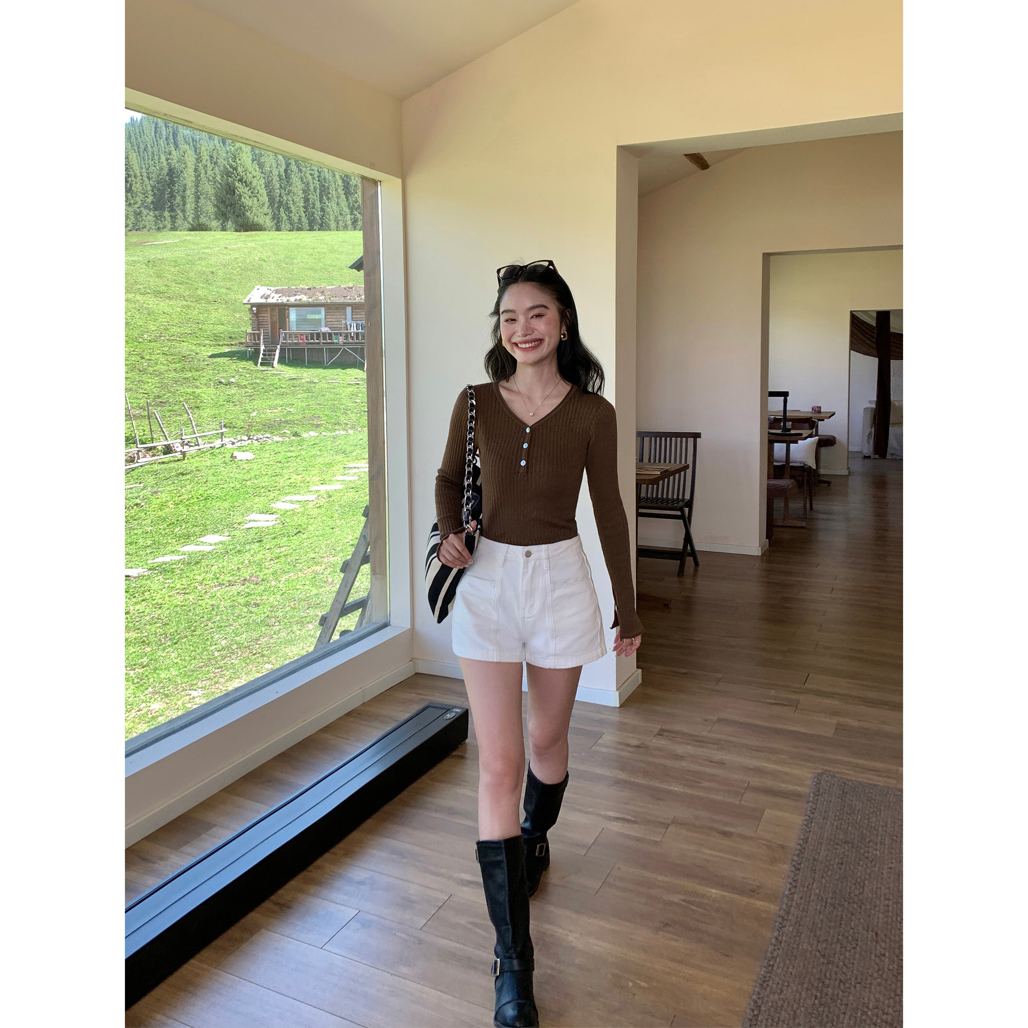 pusumede【现货6折】V领长袖打底针织衫女喇叭袖修身短款上衣,淘宝优惠券,粉丝福利购,淘宝优惠卷