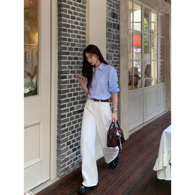 Dropped shoulder loose long sleeve striped shirt