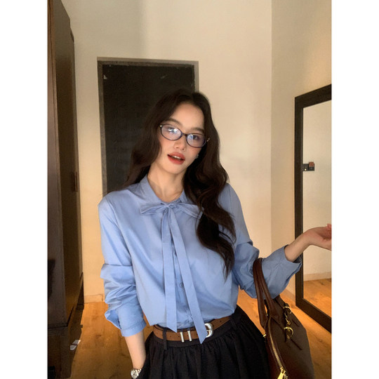 pusumede 转角街头 蓝色蝴蝶结绑带条纹衬衫女长袖衬衣气质上衣