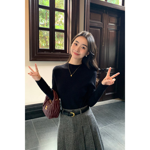 pusumede黑色半高领针织衫女秋冬基础百搭打底衫毛衣正肩长袖上衣 - 图0