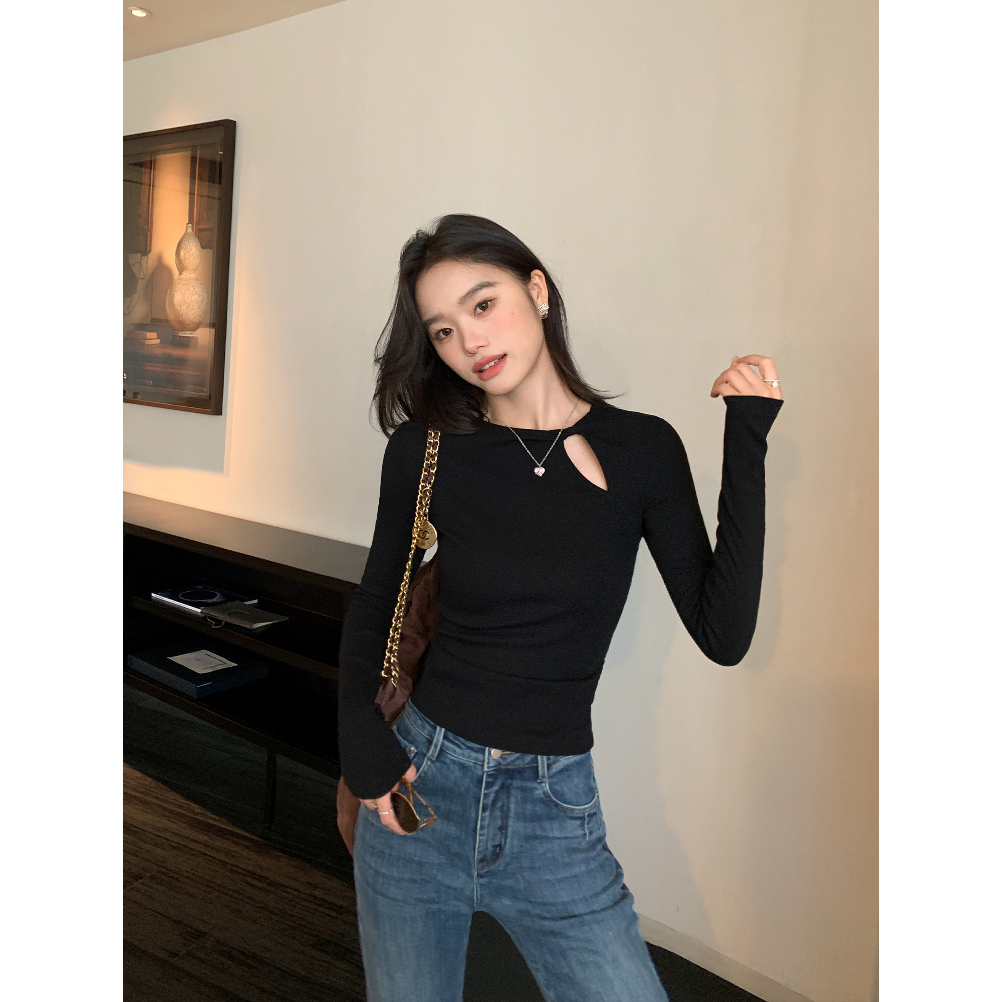 pusumede 别出心裁 镂空设计感长袖t恤女针织衫气质修身打底上衣,淘宝优惠券,粉丝福利购,淘宝优惠卷