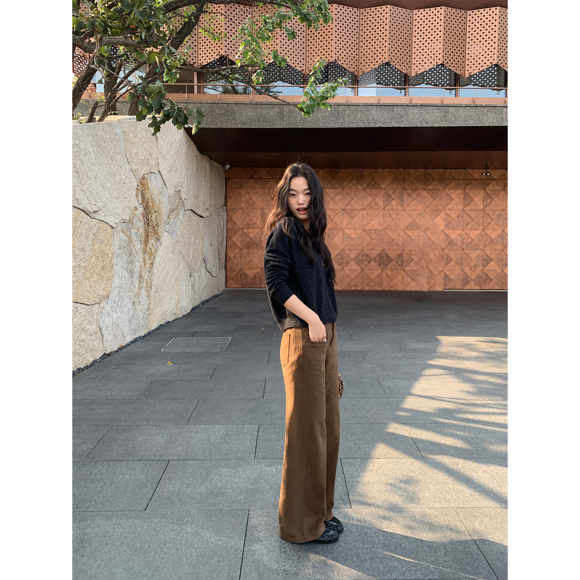 pusumede 休闲周末 深咖色全棉直筒休闲裤女复古宽松阔腿拖地长裤,淘宝优惠券,粉丝福利购,淘宝优惠卷