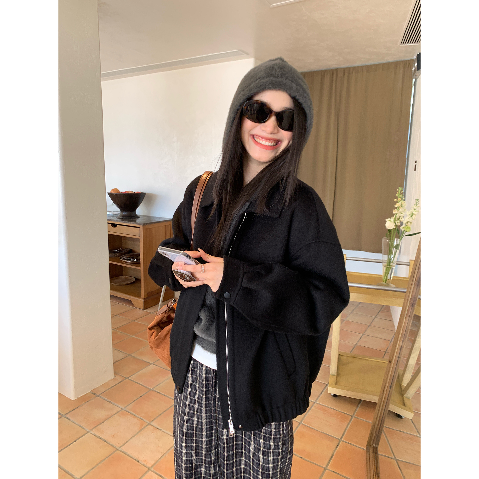 pusumede双面呢夹克宽松休闲毛呢外套女秋冬新款翻领羊毛呢子上衣 - 图2