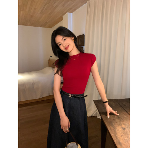 pusumede 黑色设计感针织短袖t恤女夏天新款百搭气质修身打底上衣 - 图1