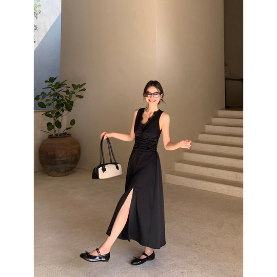 Pusumede cool style lace splicing backless v-neck dress women's waist vest dress slit long skirt