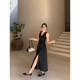 Pusumede cool style lace splicing backless v-neck dress women's waist vest dress slit long skirt