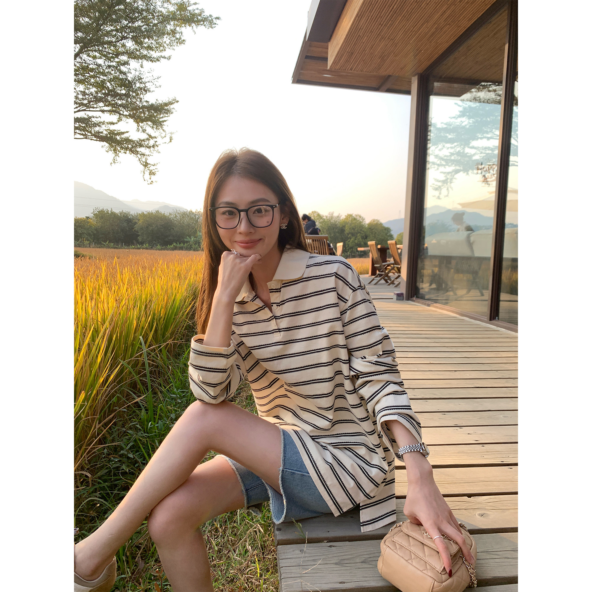 pusumede 条纹定律 polo衫长袖T恤女设计感大版宽松休闲慵懒上衣,淘宝优惠券,粉丝福利购,淘宝优惠卷