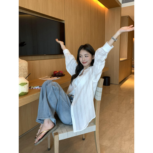 pusumede乔妹同款!条纹长袖衬衫女微透防晒衬衣肌理慵懒气质上衣