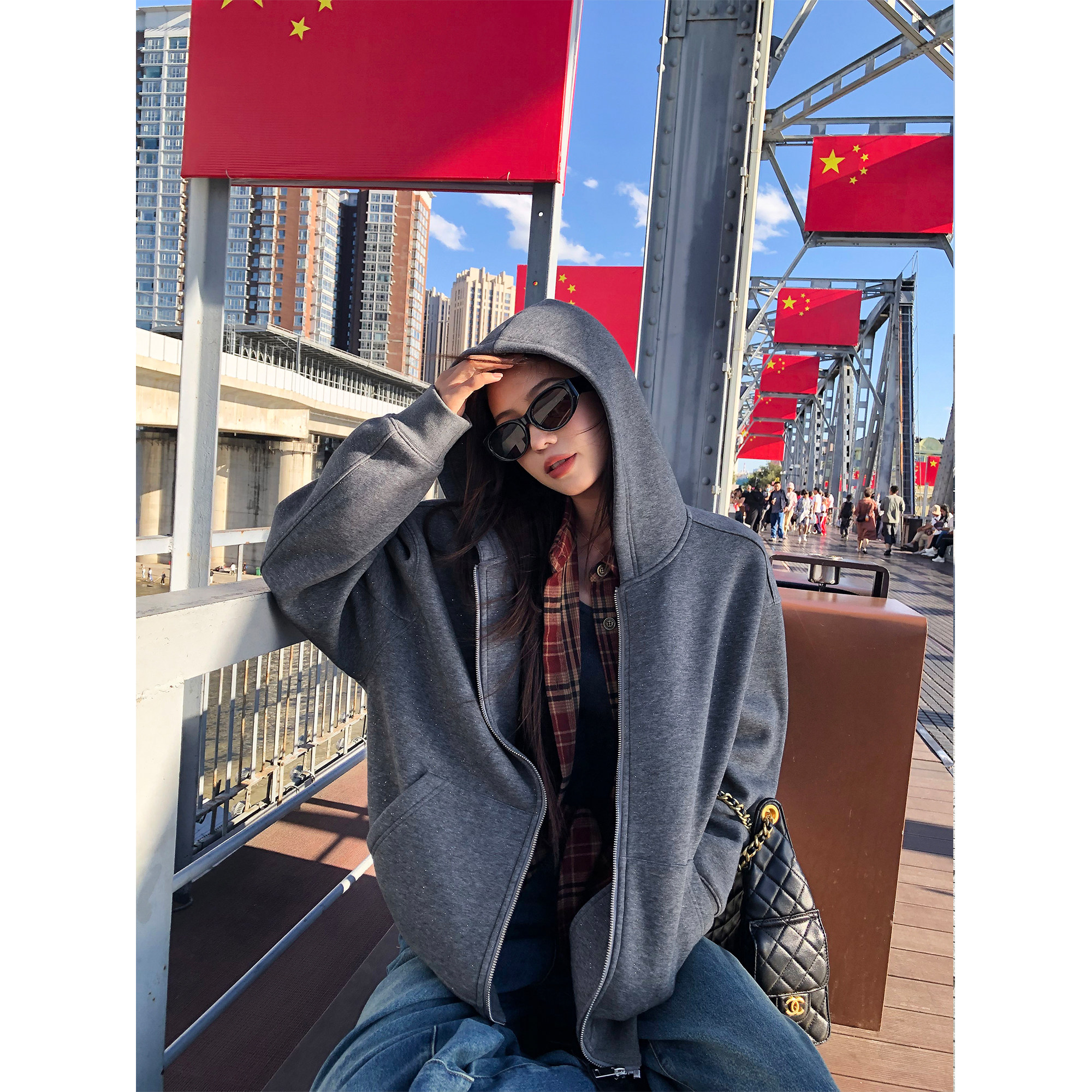 pusumede 银河碎片 高级灰色连帽卫衣外套女宽松休闲拉链开衫上衣,淘宝优惠券,粉丝福利购,淘宝优惠卷