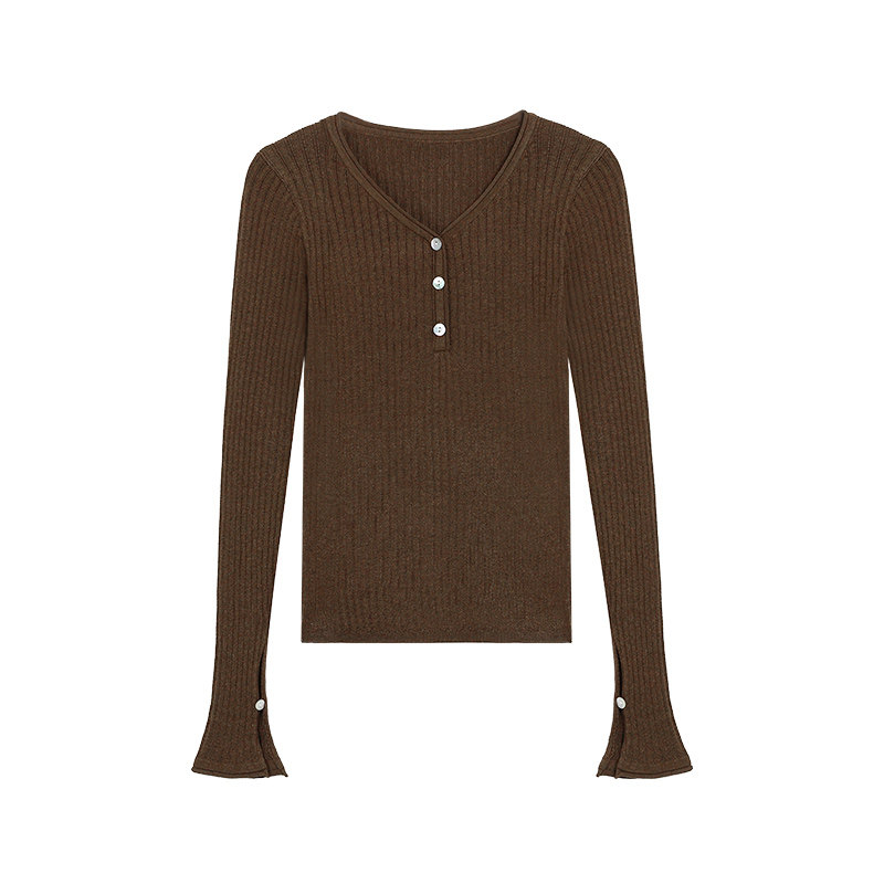 pusumede【现货6折】V领长袖打底针织衫女喇叭袖修身短款上衣,淘宝优惠券,粉丝福利购,淘宝优惠卷