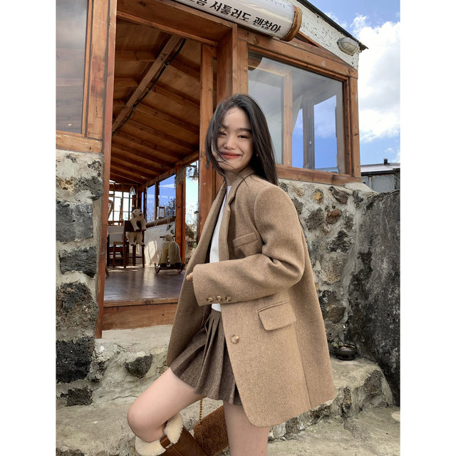 pusumede 纽约转角 毛呢西装外套女夹棉加厚宽松气质羊毛呢子大衣