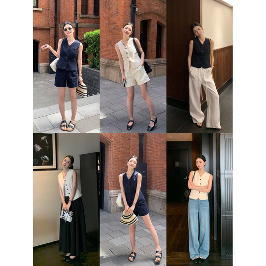 pusumede老钱调调 v领马甲背心女高级感气质无袖上衣休闲短裤套装