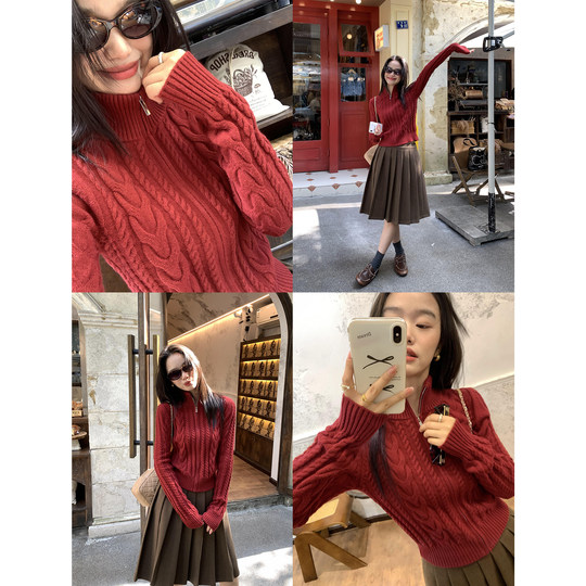 Pusumede Mali Dream Twist zipper sweater cardigan women's autumn and winter stand-up collar long-sleeved sweater top