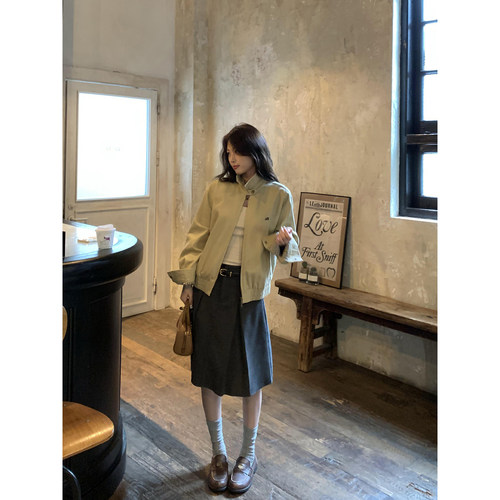 pusumede 枫叶特调 复古翻领夹克外套女简约休闲拉链工装宽松上衣 - 图2