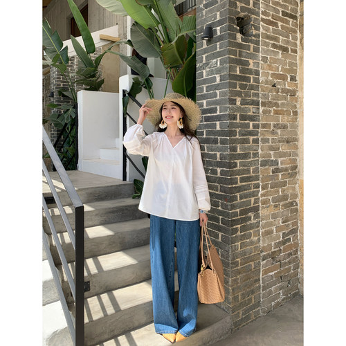 pusumede慵懒夏日莱赛尔亚麻法式v领衬衫女白色宽松长袖防晒上衣 - 图2