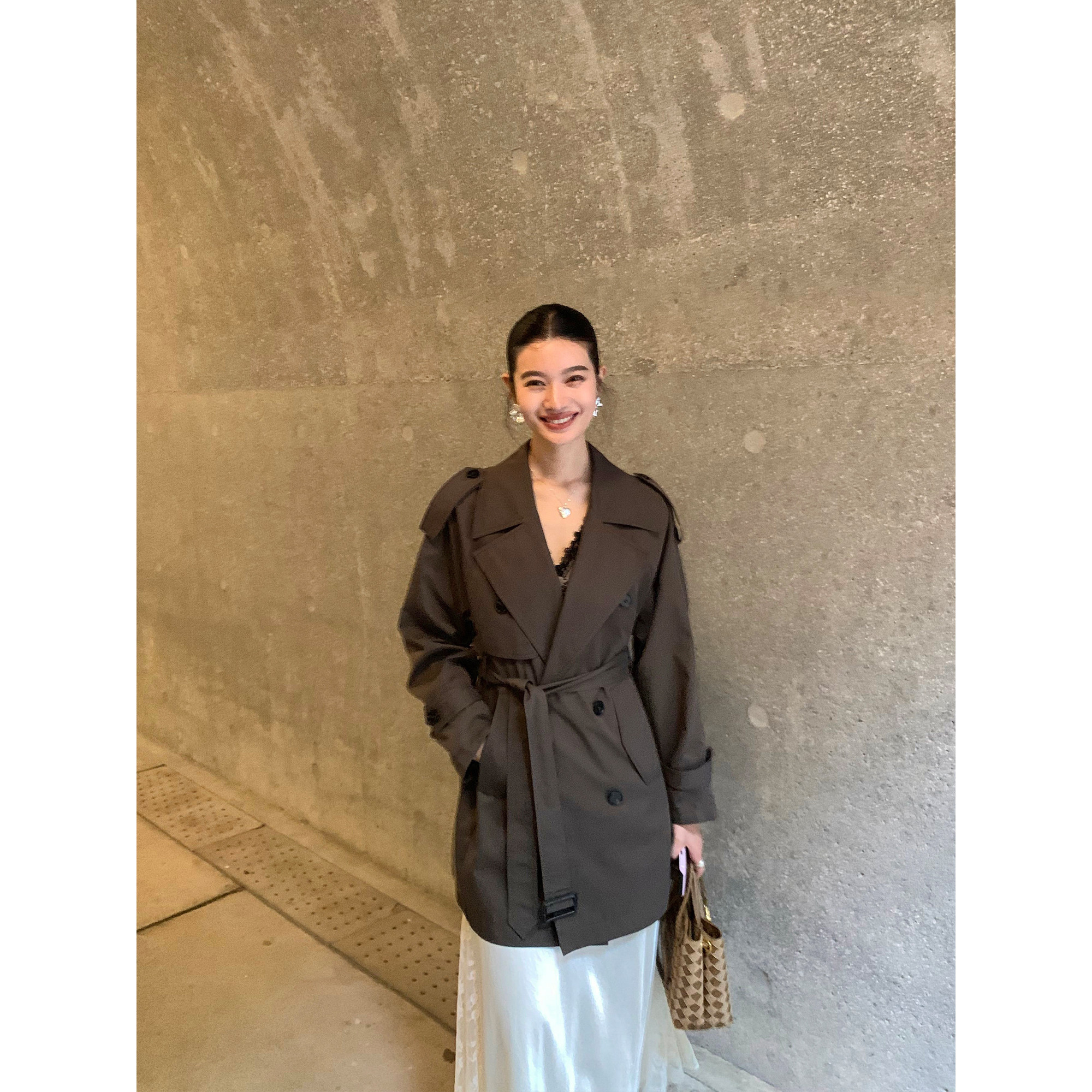 pusumede 高知都市风 经典廓形翻领风衣女气质收腰中长款大衣外套,淘宝优惠券,粉丝福利购,淘宝优惠卷