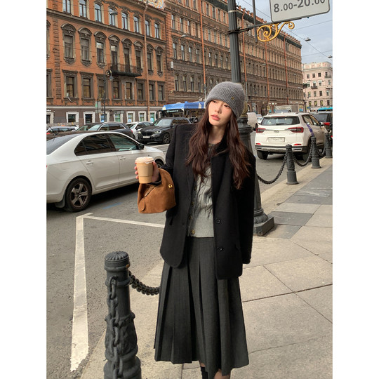 pusumede 韩女法则 中长款百褶半身裙女秋冬高腰a字裙设计感裙子