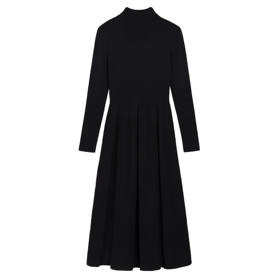 pusumede 黑色长袖针织连衣裙气质打底毛衣裙女拼接设计修身长裙