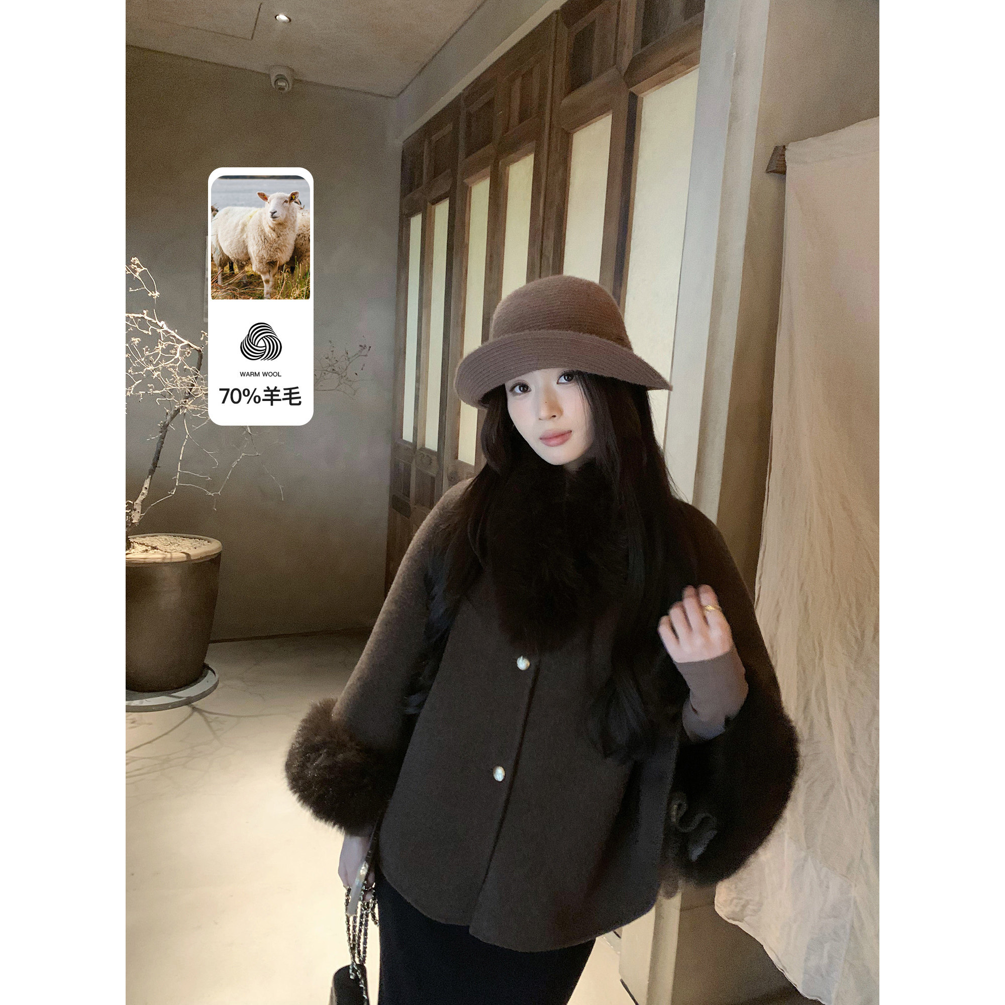 pusumede 复古文艺 环保仿狐狸毛领披肩外套女短款羊毛双面呢大衣,淘宝优惠券,粉丝福利购,淘宝优惠卷