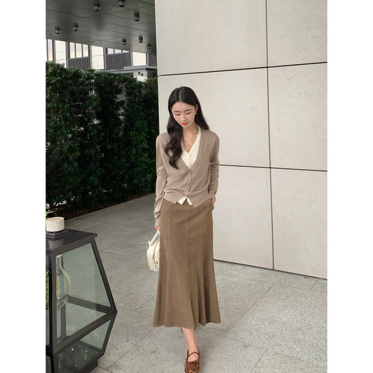 pusumede 灯芯绒半身裙女春秋高腰显瘦a字半裙设计感中长款鱼尾裙