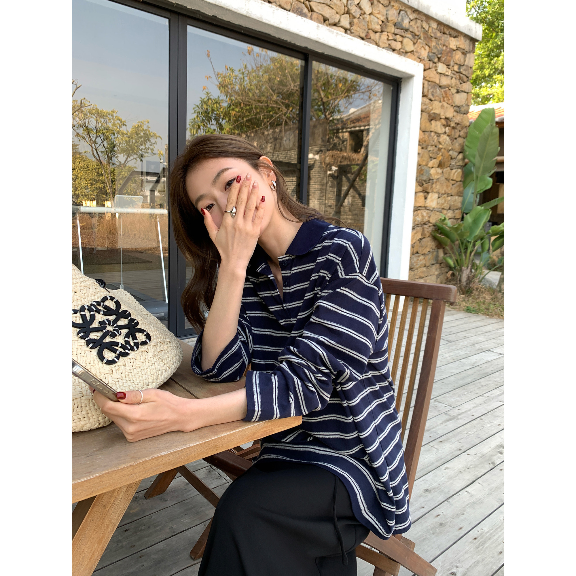 pusumede 条纹定律 polo衫长袖T恤女设计感大版宽松休闲慵懒上衣,淘宝优惠券,粉丝福利购,淘宝优惠卷