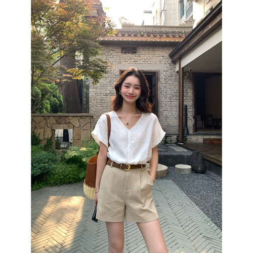 pusumede 轻薄纸感 1OO亚麻折边袖衬衫女极简v领小衫宽松短袖上衣 - 图2