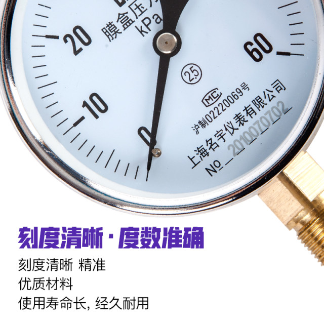 Membrane box pressure gauge YE-100 Shanghai Yichuan vacuum gauge 0-2.5KPa natural gas gas negative pressure gauge micro pressure gauge