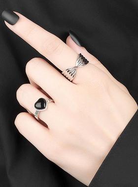 韩国东大门黑色爱心戒指潮简约气质百搭复古心形玛瑙设计开口定制