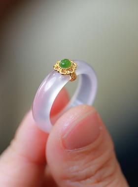 国潮风天然白玛瑙指环玉髓搭配S925银镶嵌南红松石碧玉女戒指定制