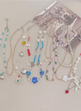 日韩 新款串珠项链女夏天小众设计感森系仙女小清新脖颈链锁定制