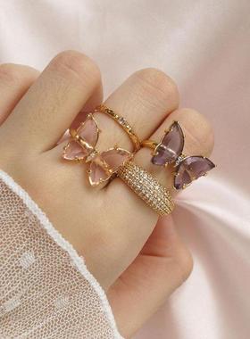 新款时尚镀金开口指环 直供铜首饰戒指玻璃蝴蝶戒指定制