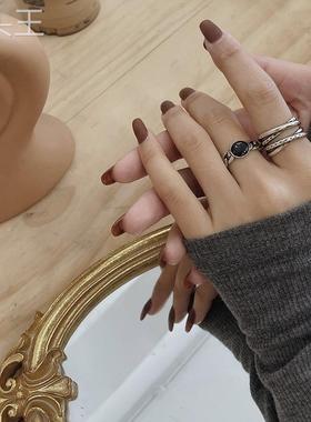 韩国东大门黑色宝石麻花复古交叉链条ins开口戒指情侣戒嘻哈做旧