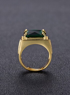 流行热卖祖母绿戒指男复古风方形民族戒指镀黄金开口戒指指环