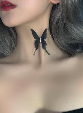 日韩镶钻黑色蝴蝶精灵choker锁骨项链女浪漫度假透明鱼线颈链定制