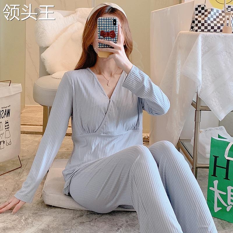 带胸垫月子服哺乳孕妇睡衣春秋产妇夏季薄款家居服5月产后喂奶衣6-图1