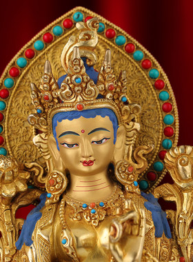 摆件藏供桌绿度母菩萨佛像像7寸手工绿式居家丝铜佛尼泊尔度母掐