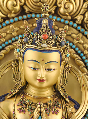 尼泊尔精工铜家供桌件1尺藏式居5手工錾佛像摆观音菩萨摆件刻四臂