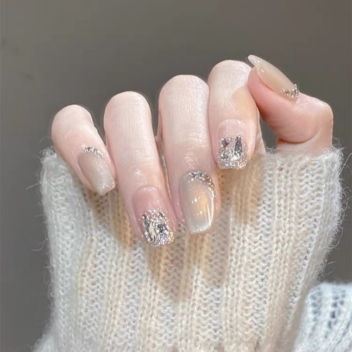 曼辞法式猫眼蝴蝶穿戴甲水光玻璃珠钻石纯欲风手工美甲短款假指甲 - 图2