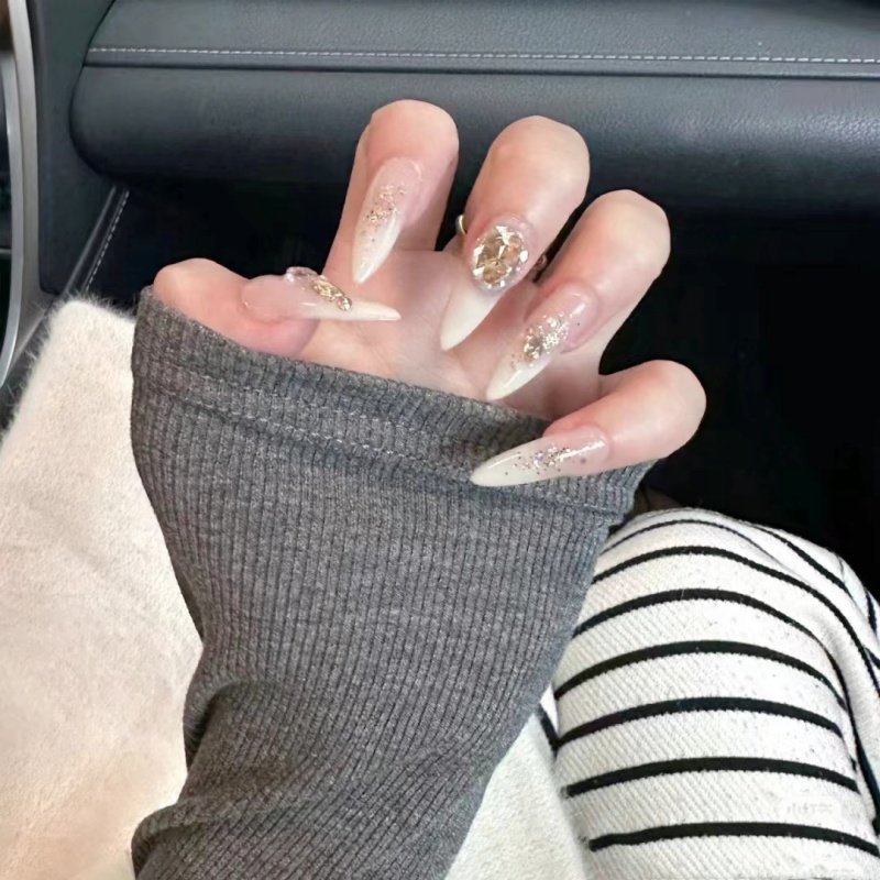 曼辞纯手工穿戴甲成品法式爆闪香槟大钻美甲裸色高级感假指甲贴片,淘宝优惠券,粉丝福利购,淘宝优惠卷