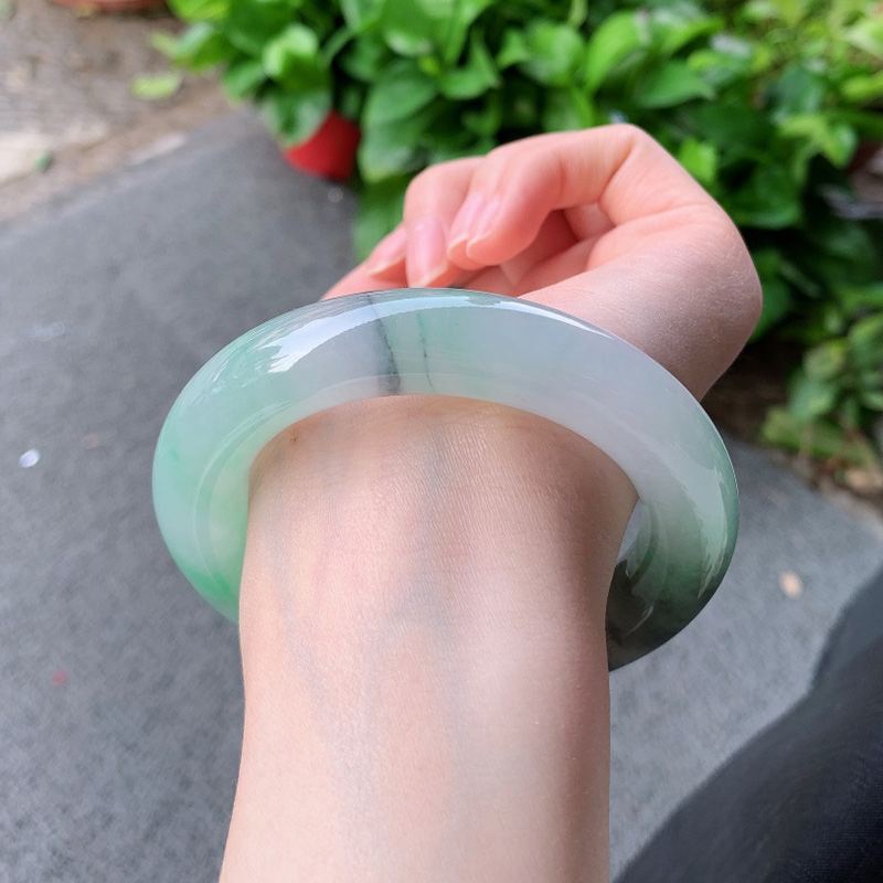 逸之璟缅甸老坑天然a货翡翠冰种飘花圆条福镯翡翠手镯56圈口女士-图0